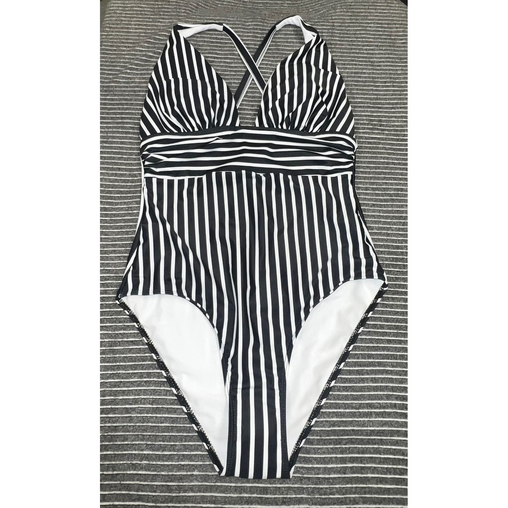 Black White Striped One Piece Swimsuit XL V-Neck Crisscross Back Padded Swimwear